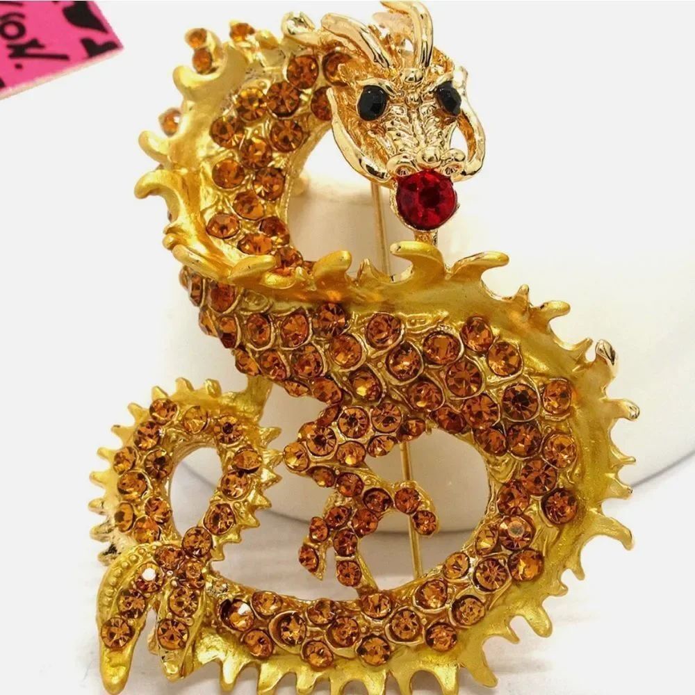 🐲 Betsey Johnson Gold Crystal Dragon Necklace/Brooch with Red and Black Detail 🐲